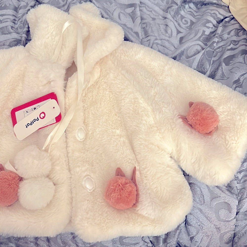 Girl’s Furry Bunny Pom Pom Peacoat with Large Buttons NWT white and pink 3-6 mos